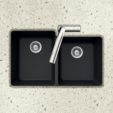 Houzer MIDNITE Quartztone Series Granite Undermount 60/40 Double Bowl Kitchen Sink, Black Kitchen Sink - Undermount Houzer